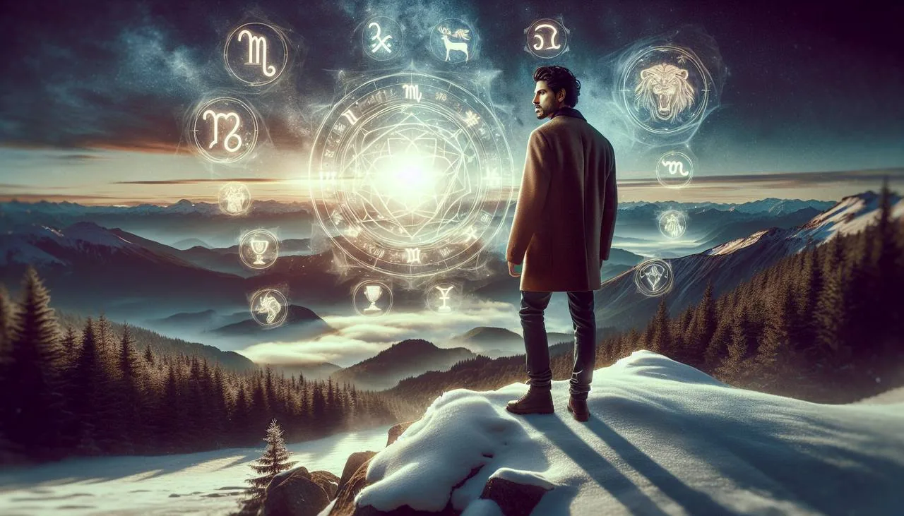 Мужчина стоит на заснеженном хребте и смотрит на светящийся круг с мистическими и астрологическими символами в небе